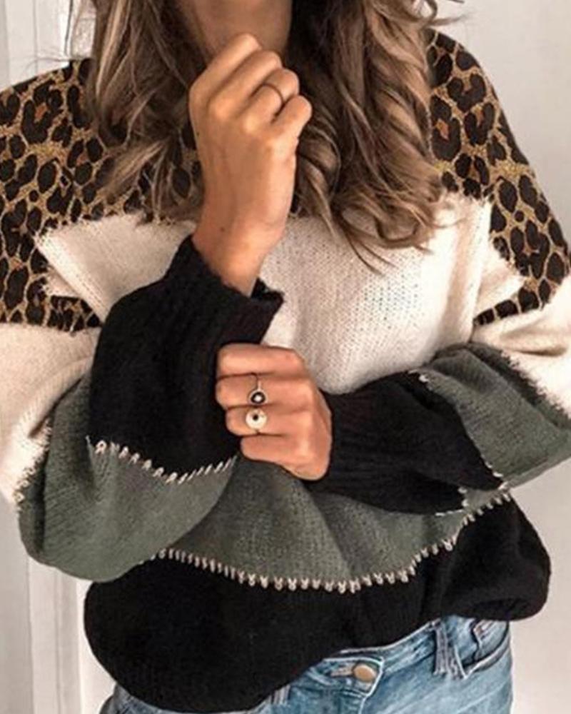 

Leopard Stitiching Long Sleeve Sweater, Gray