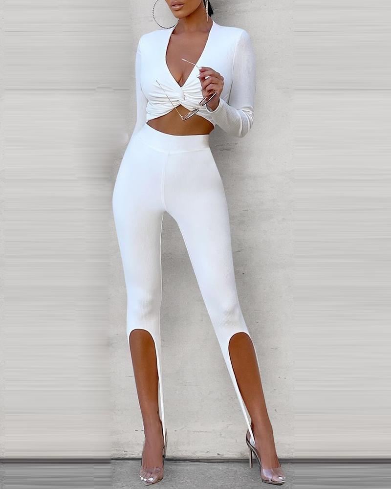 

Plain Knotted Long Sleeve Top & Skinny Pants Set, White