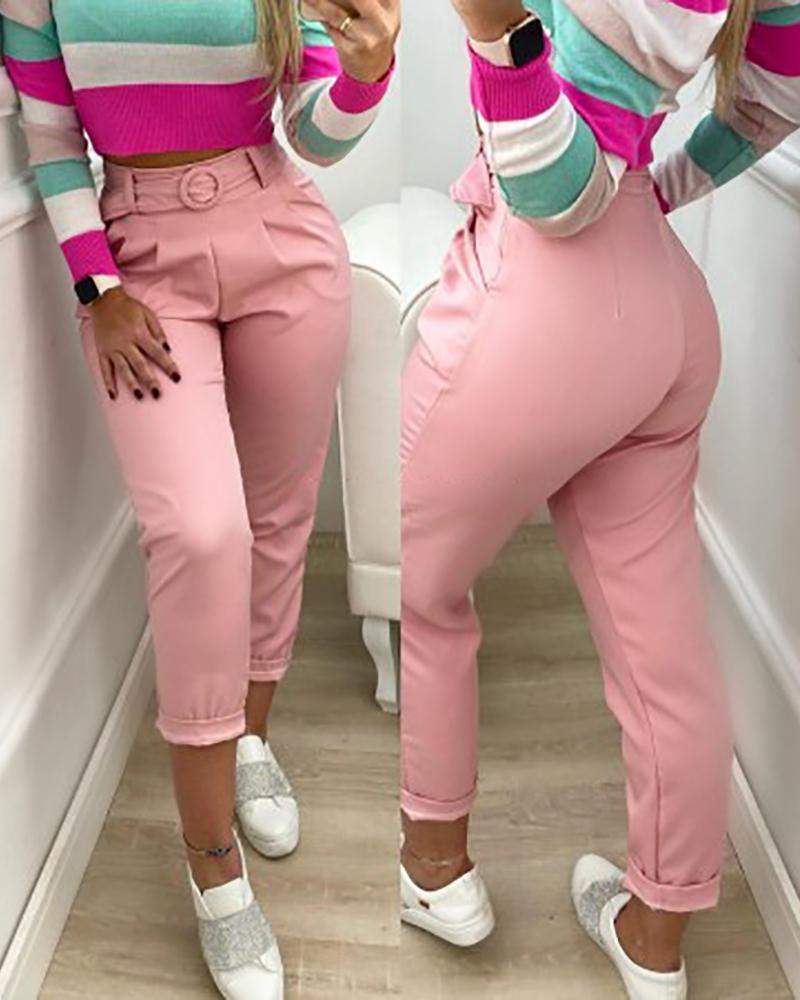 

Pocket Design High Waist Casual Pants With Belt, Pink