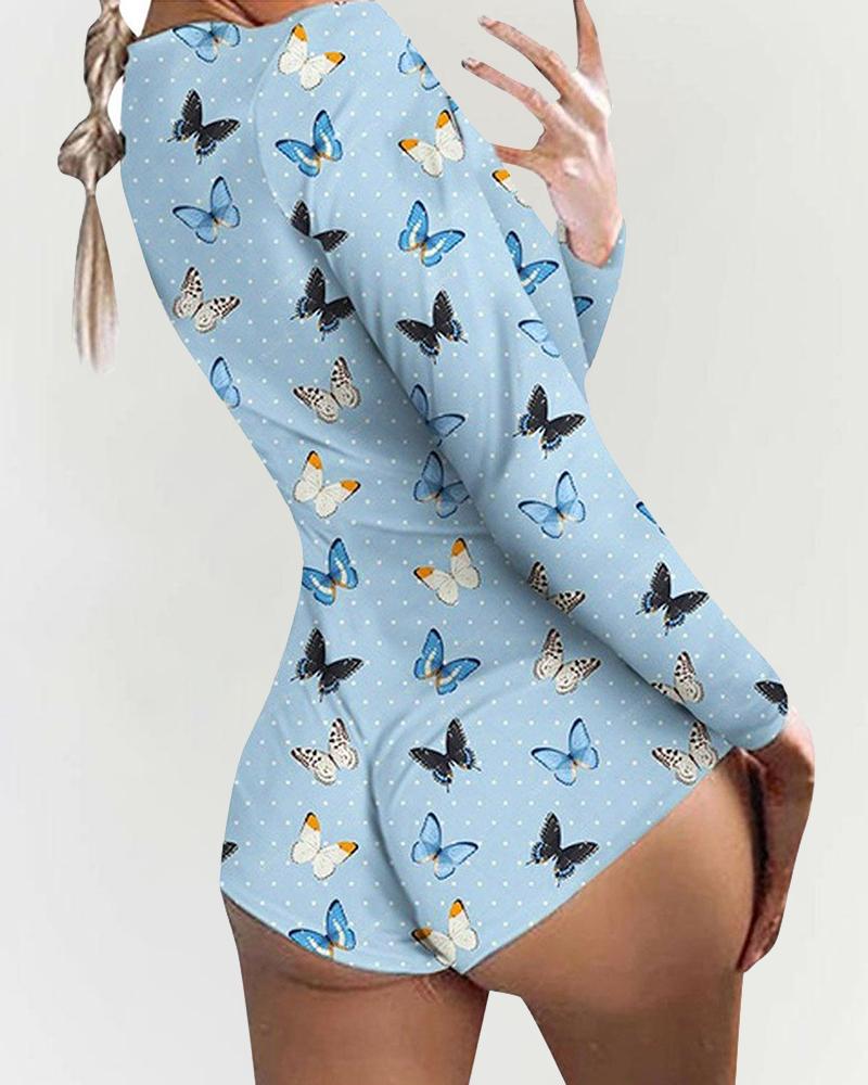 

Multicolor Butterfly Print Long Sleeve Skinny Rompers, Blue