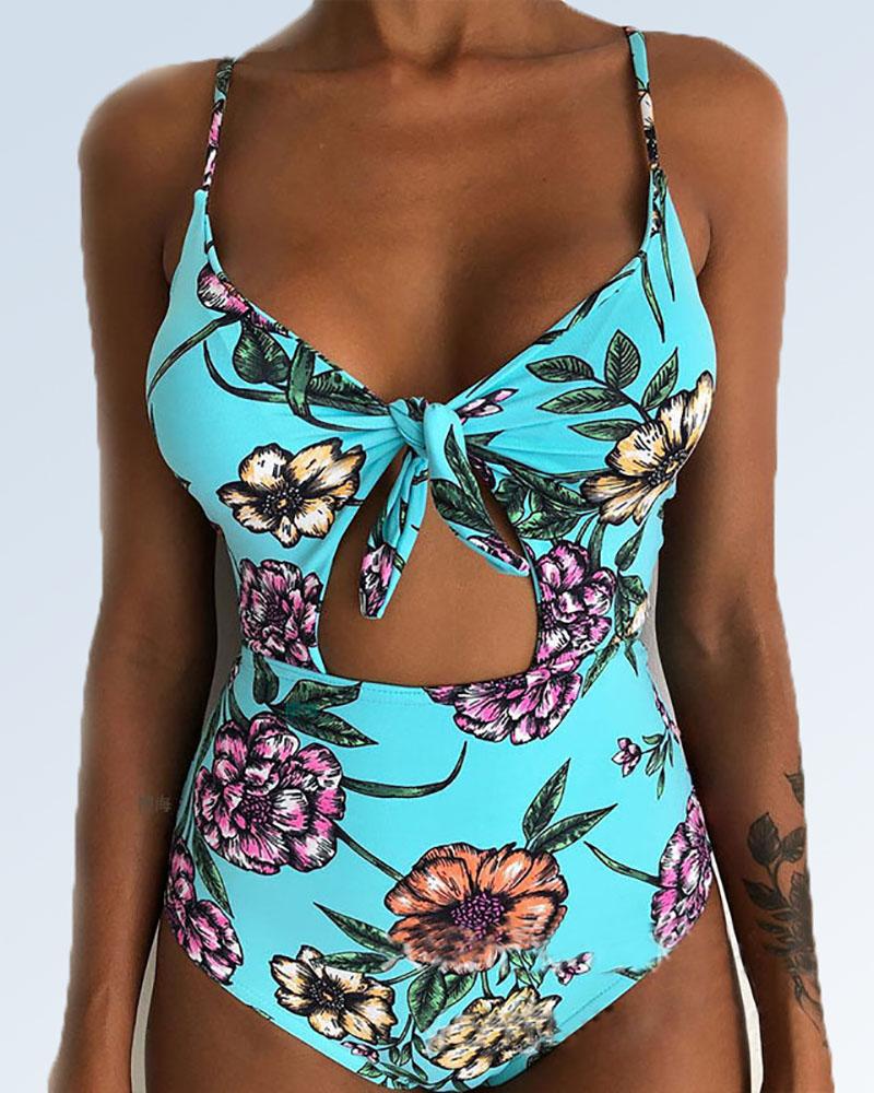

Print Tied Lace-Up Back One Piece Swimsuit, Light blue