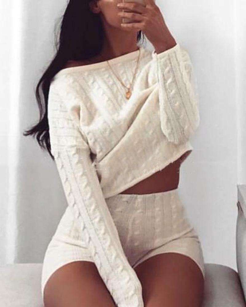 

Solid Color Long Sleeve Embossing Knitted Suit Sets, White