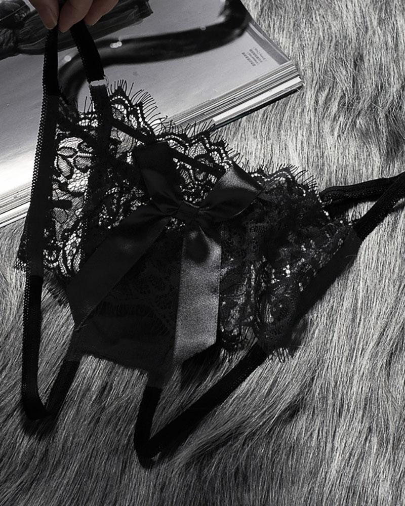 

Eyelash Lace Bowknot Decor Panty, Black