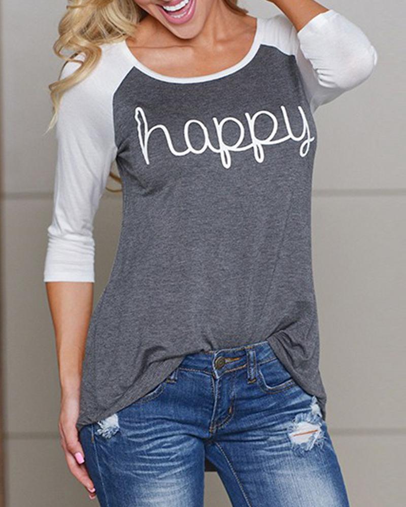 

Letter Print Long Sleeve Patchwork T-shirts, Gray