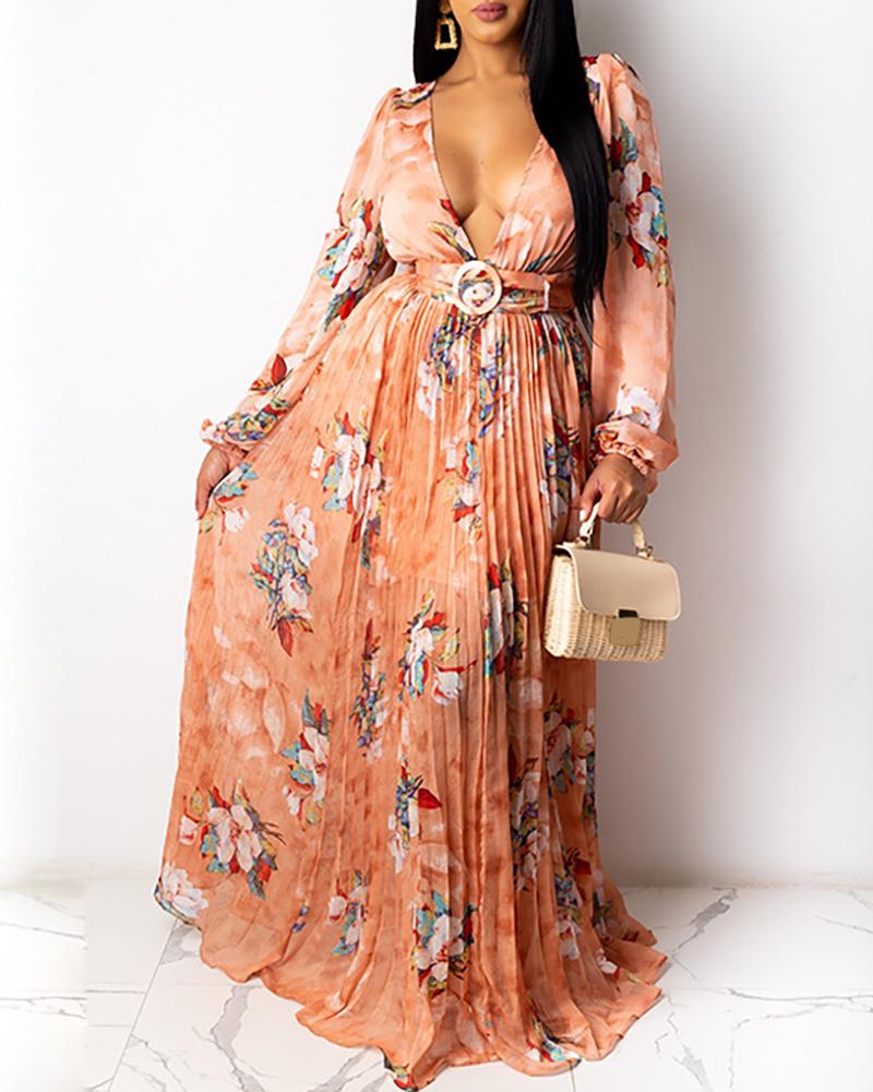 

Floral Print Puff Sleeve Ruched Maxi Dress, Pink
