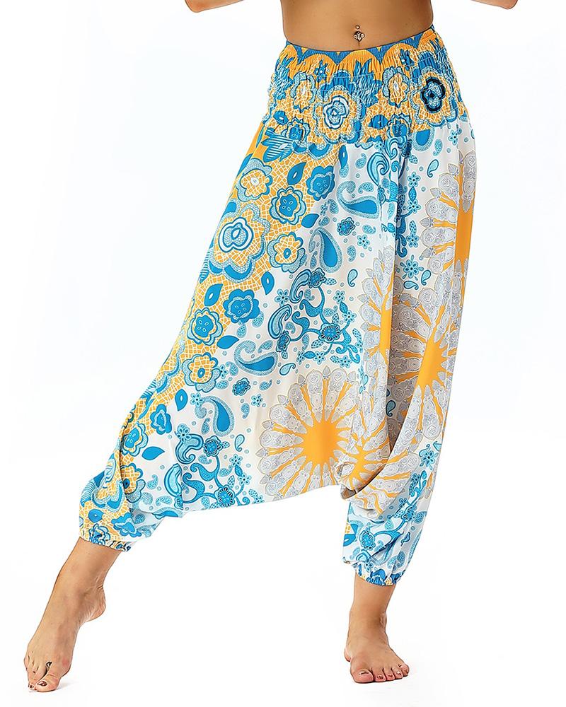 

Print Wide Leg High Waist Yoga Pants, Light blue