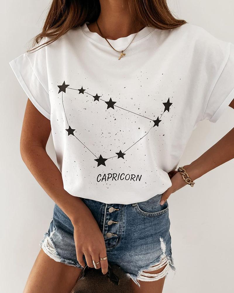 

Constellation Letter Print Round Neck T-Shirt, White