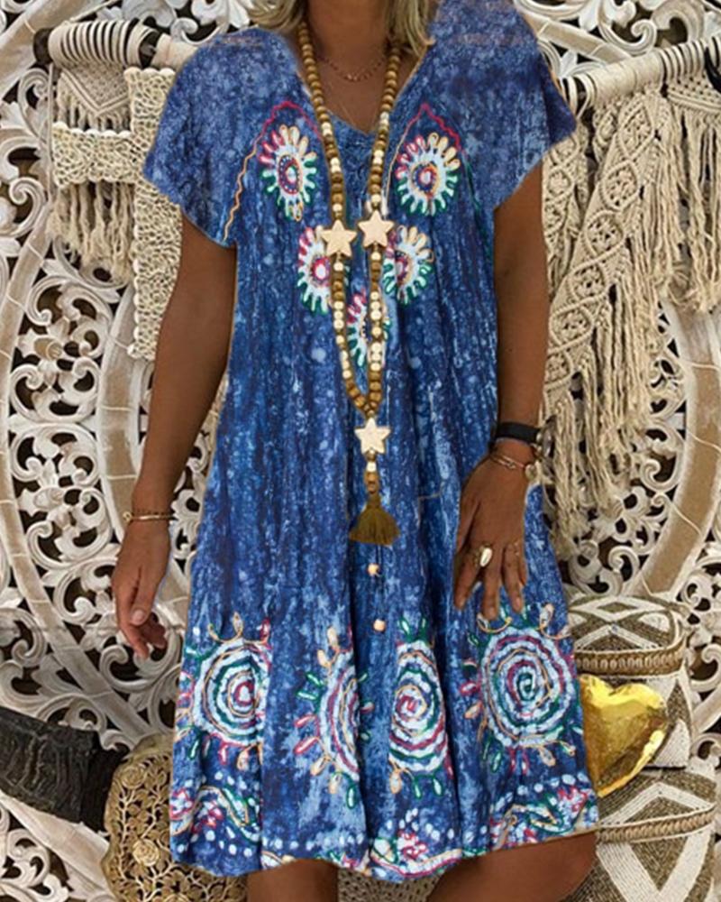 

Floral Retro Patterns Print Short Sleeve Loose Mini Dress, Blue