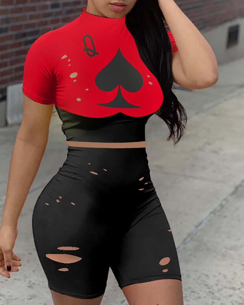 

Poker Print Cut Out Crop Top & Shorts Set, Red
