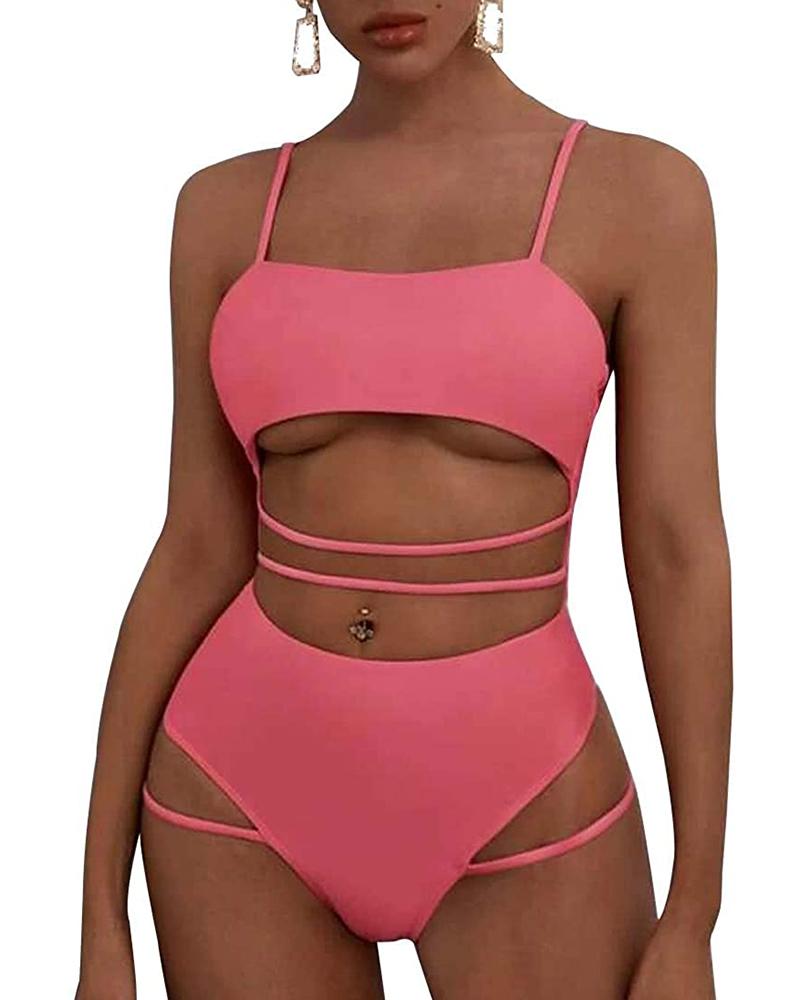 

Push up Strappy High Waisted Cutout One Piece Swimsuit, Pink