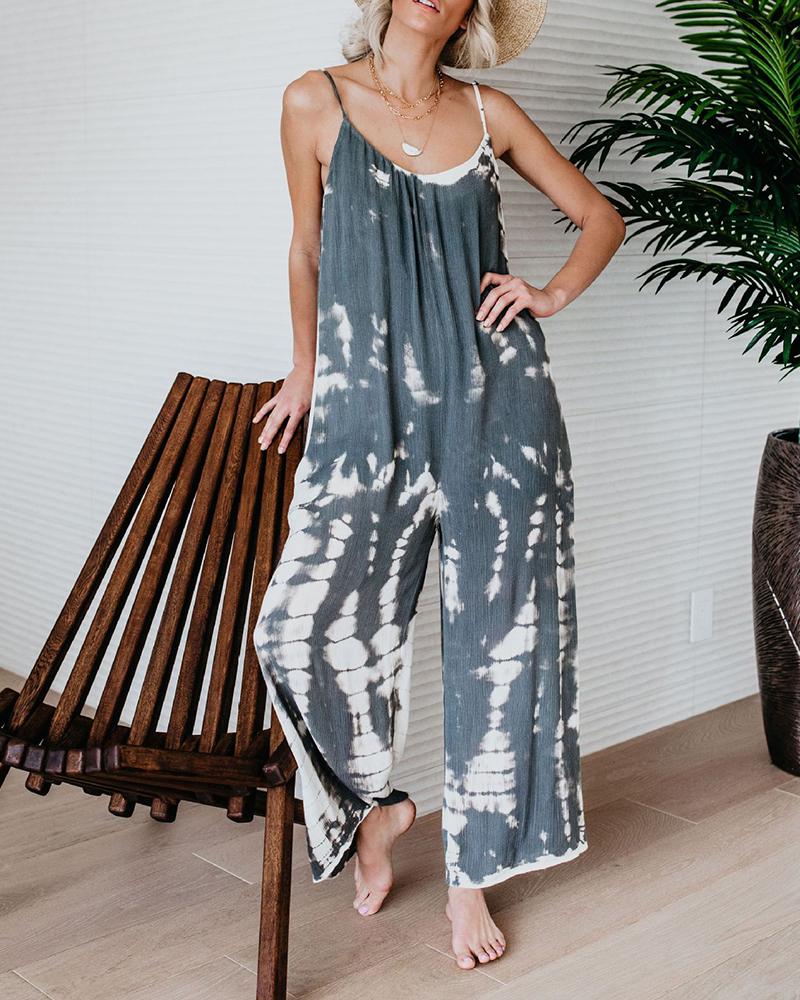 

Tie Dye Print V-neck Casual Jumpsuit, Gray