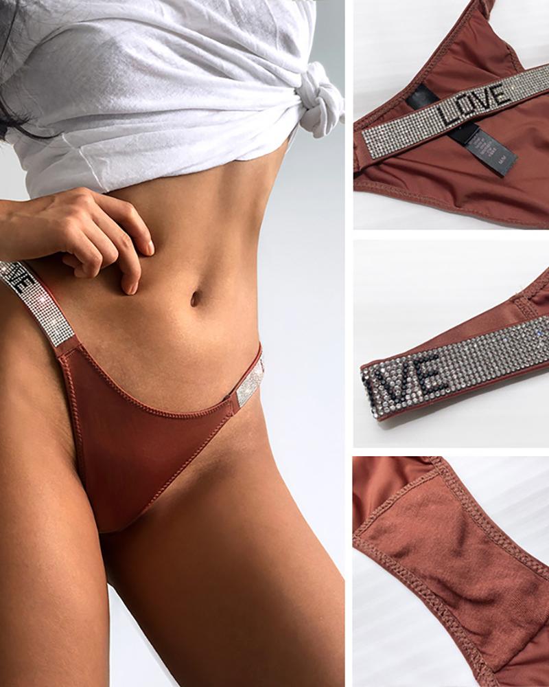 

3PCS/Set Letter Pattern Studded Thong Panty, Brown