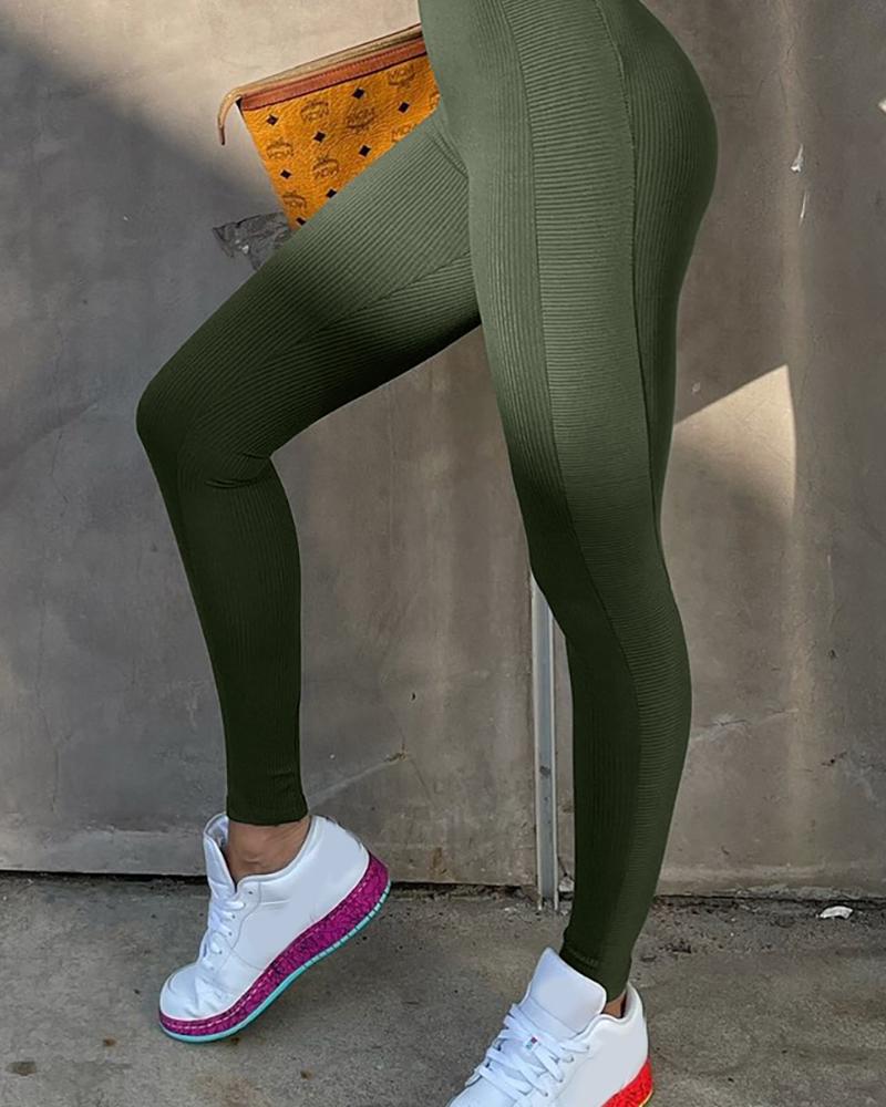 

High Waist Ribbed Seamless Sports Leggings, Green