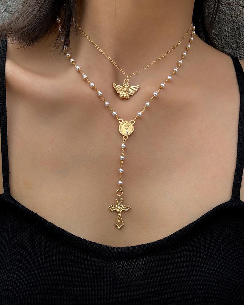 

Cross Angle Decor Layered Necklace, Gold