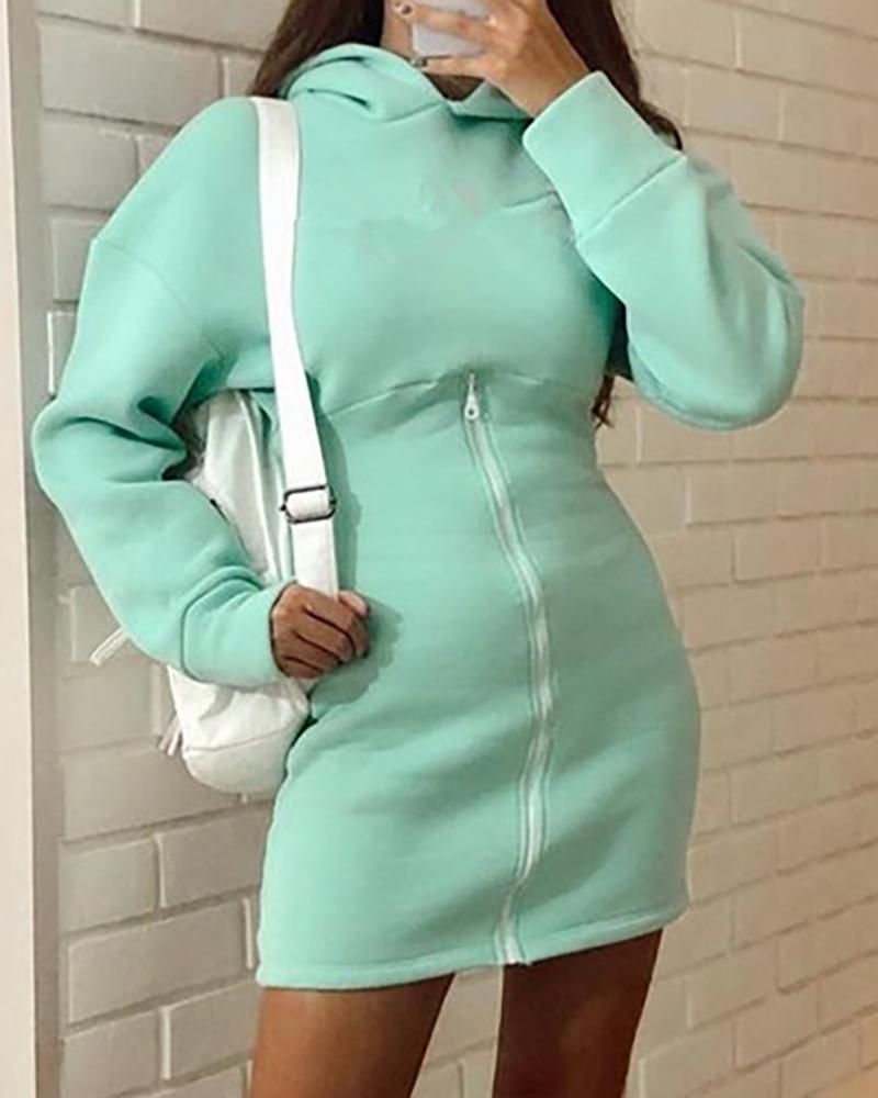 

Plain Long Sleeve Zipper Design Hooded Sweatshirt Dress, Green
