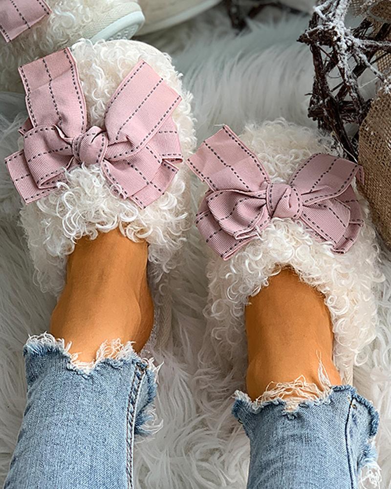 

Bowknot Decor Fluffy Slippers, Pink