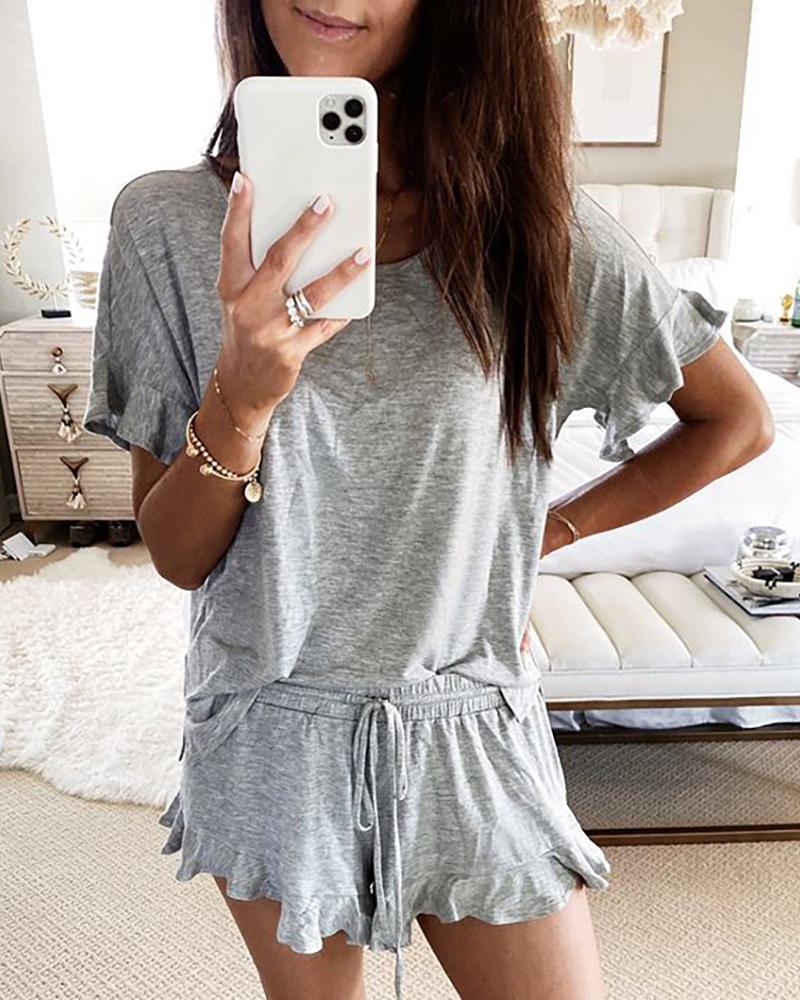 

Short Sleeve Drawstring Ruffle Trim Pajamas Set, Gray