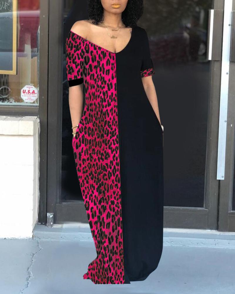 

Leopard Print Colorblock V-neck Casual Dress, Hot pink