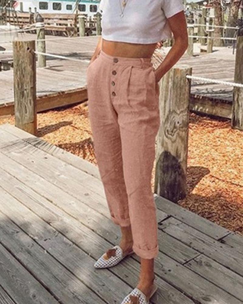 

Button Front Striaght Leg Pants, Pink