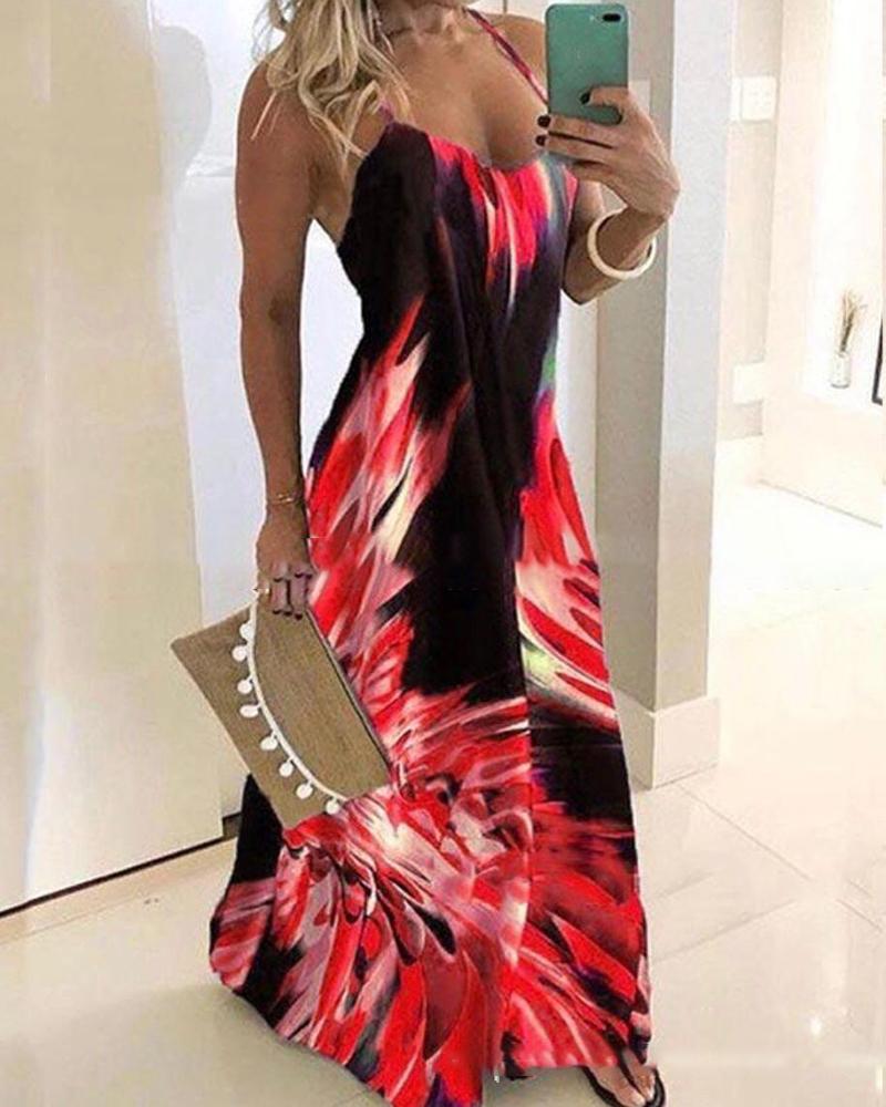 

Halter Sleeveless Print Maxi Dress, Red