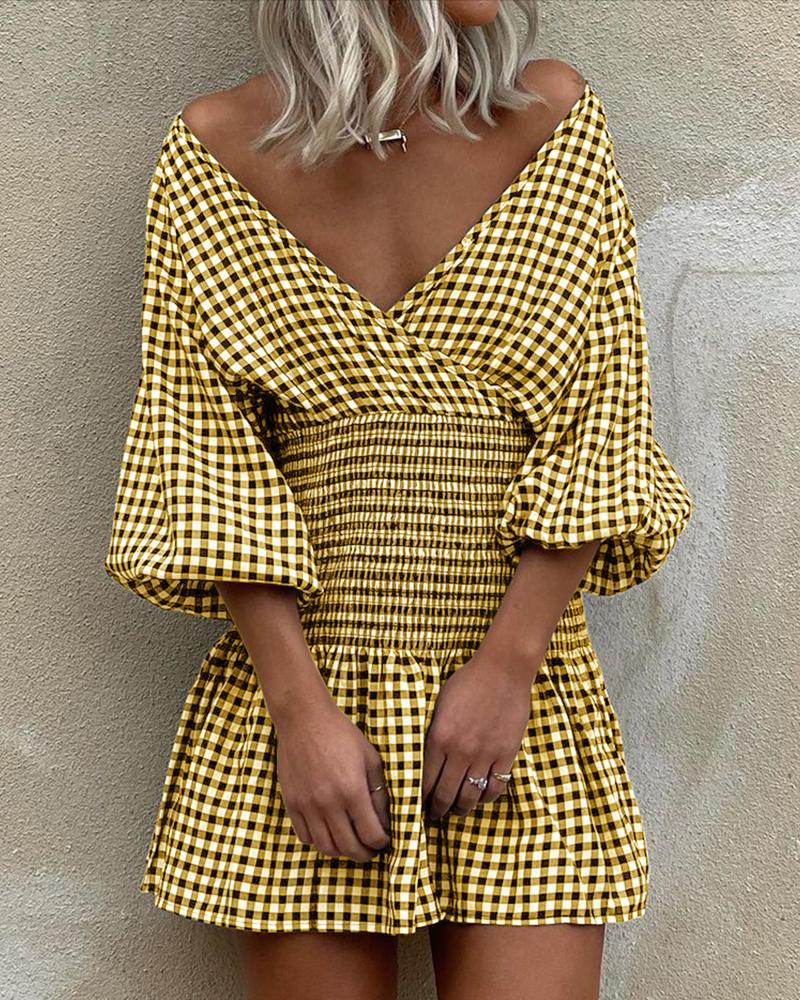 

Plaid Lantern Sleeve Shirring Detail Casual Dress, Yellow