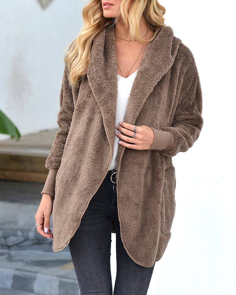 

Plain Long Sleeve Fluffy Hooded Cardigan, Khaki