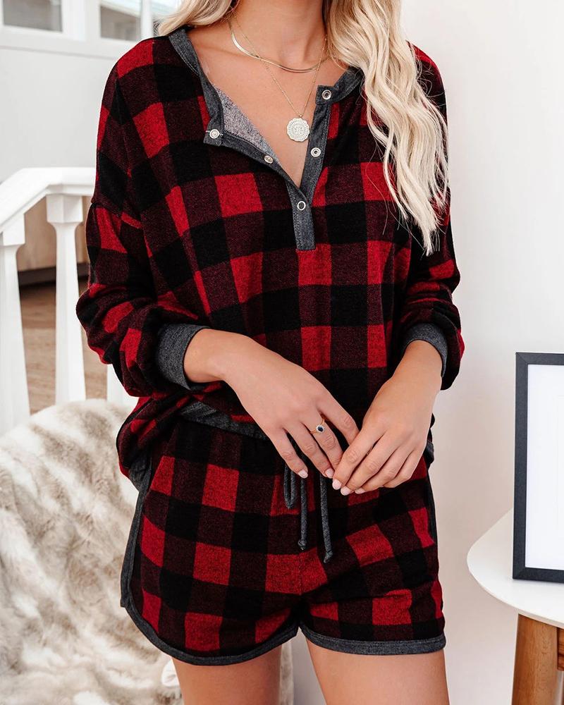 

Plaid Long Sleeve Blouse And Short Pants Suit Sets, Red