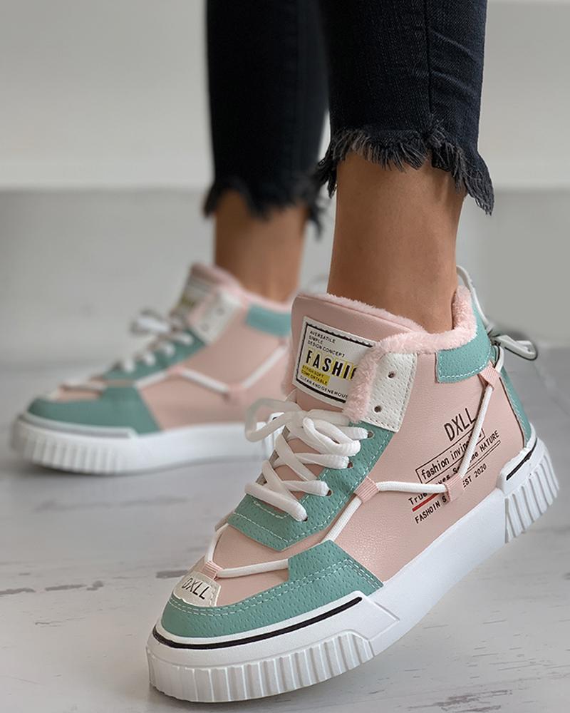 

Letter Print Colorblock Lace-up Warm Sneaker, Pink