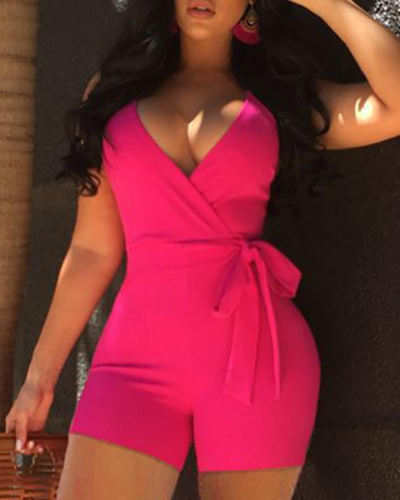 

Solid Color Tie Waist Wrap Romper, Hot pink