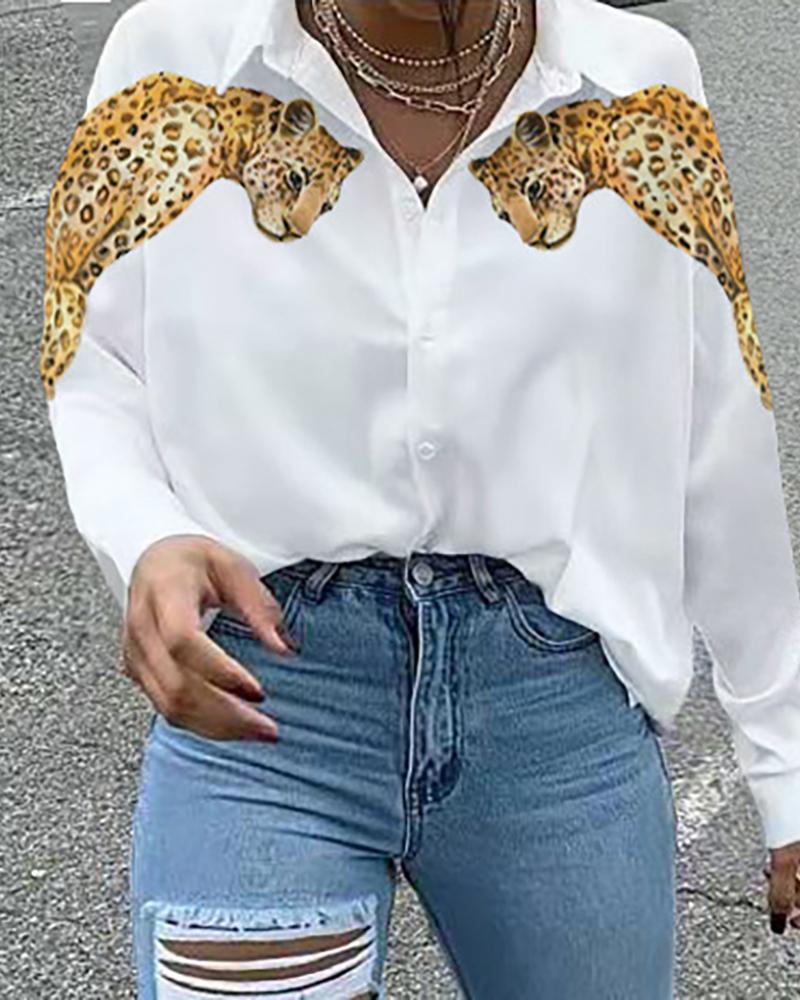 

Plus Size Animal Print Turn-down Collar Long Sleeve Shirt, White
