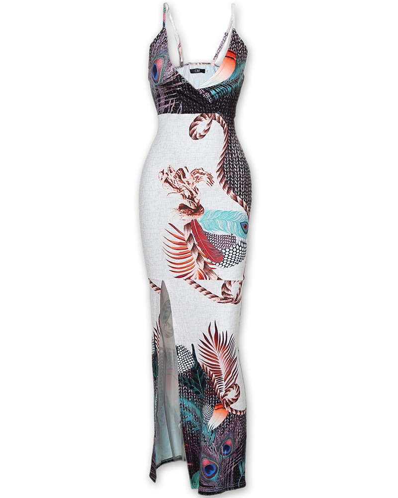 peacock feather print thigh slit slip dress