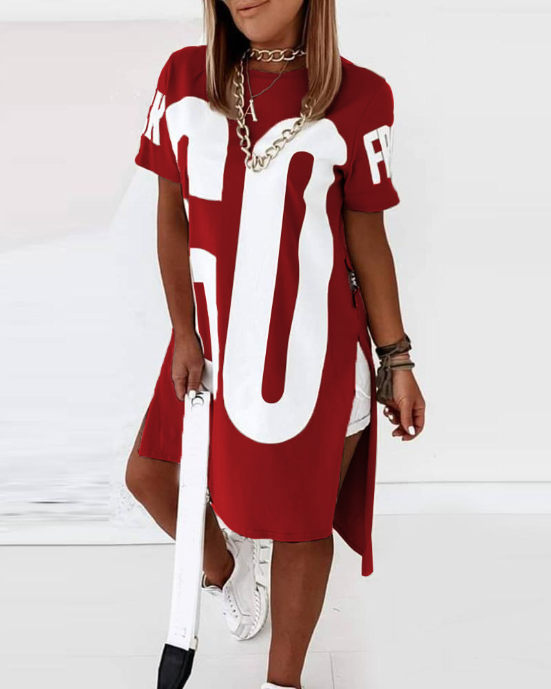 

Letter Print High Slit T-Shirt Dress, Red