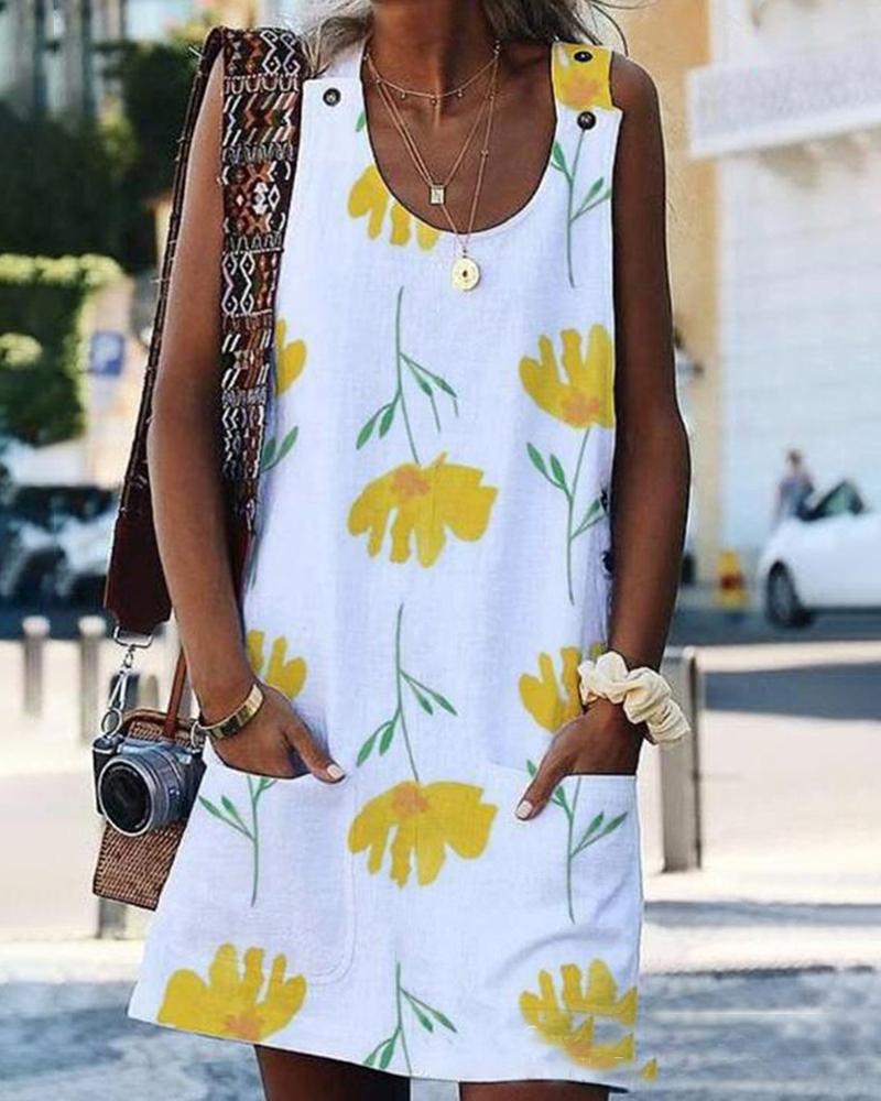

Floral Print Buttoned Pockets Dress, Yellow