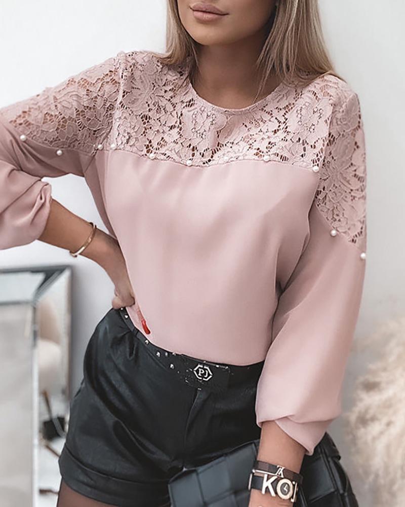 

Beaded Lantern Sleeve Floral Lace Top, Pink