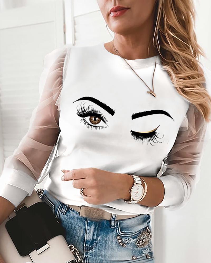 

Eyes Print Sheer Mesh Long Sleeve Top, White