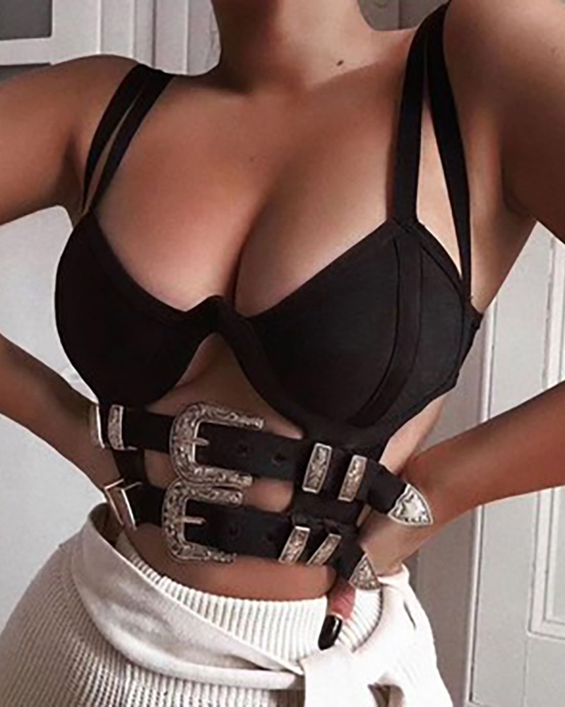 

Eyelet Buckled Double Strap Crop Top, Black