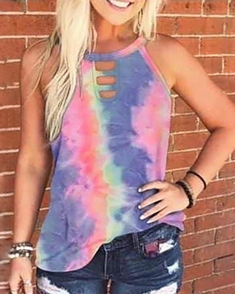 

Print Round Neck Cut Out Tank Women Top, Dark blue