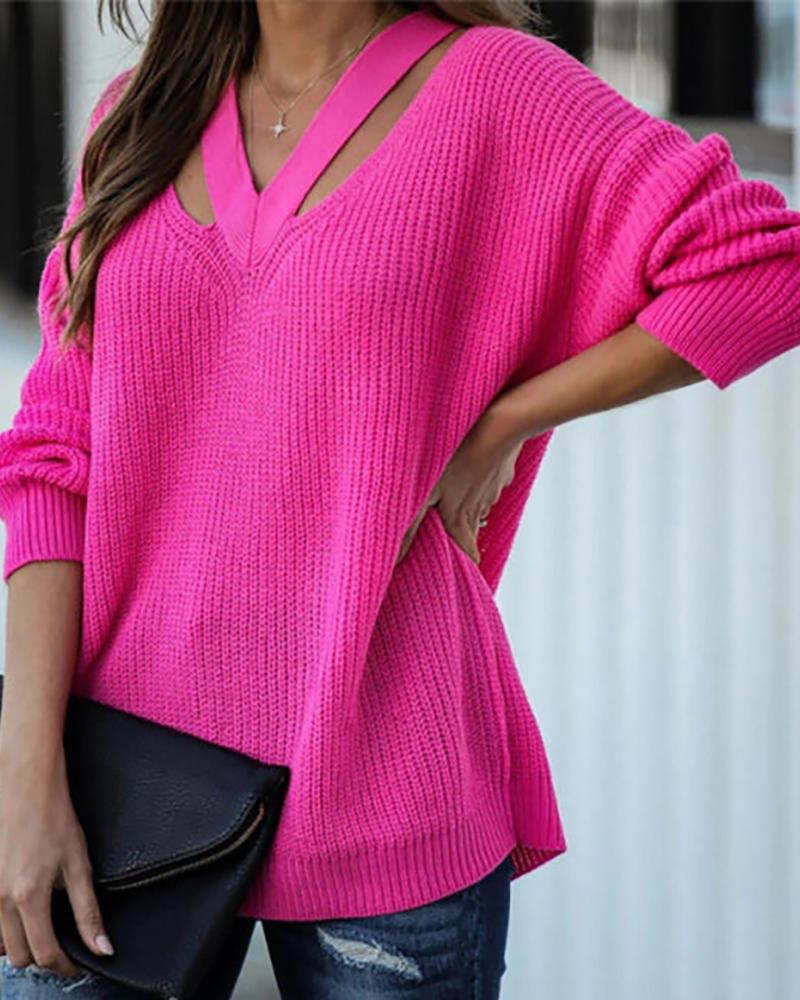 

Solid Cutout Knit Long Sleeve Sweater, Hot pink