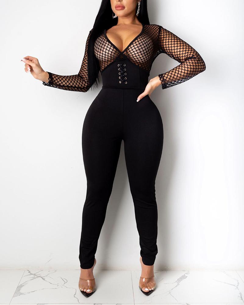 

Solid Long Sleeve Skinny See-through Jumpsuit, Black