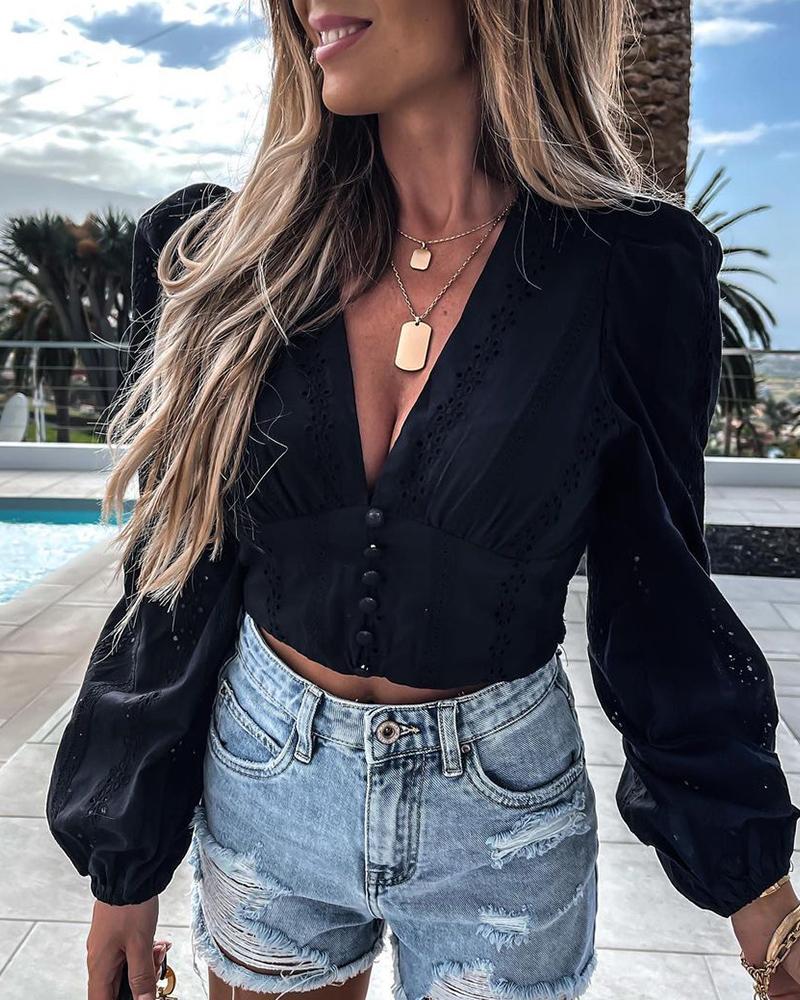 

Eyelet Embroidery Long Sleeve V Neck Top, Black