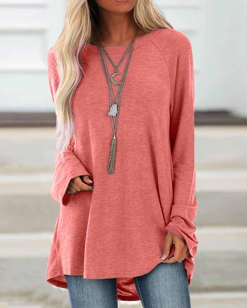 

Solid Loose Long Sleeve Casual Top, Pink