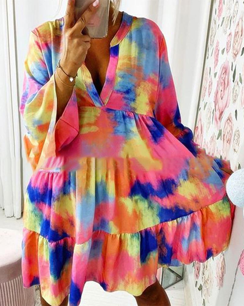 

Multicolor Tie Dye Print Long Sleeve Loose Long Women Dress