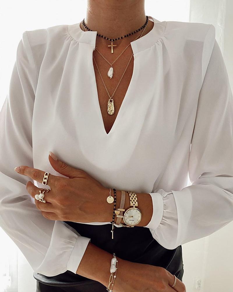 

Solid Long Sleeve Loose OL Women Blouse, White