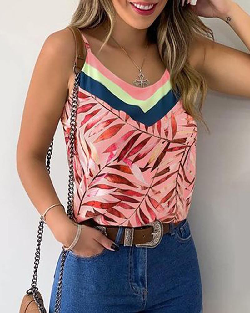 

Print V-neck Spaghetti Strap Casual Top, Pink