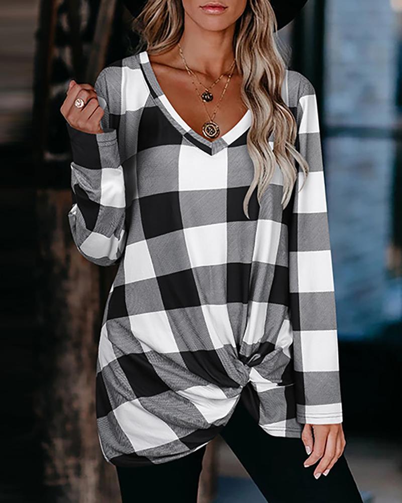 

Christmas Plaid Print Twisted Long Sleeve T-shirt, Black&white