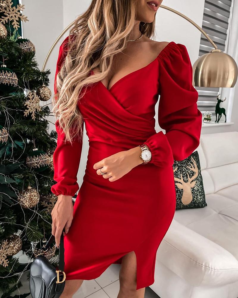 

Puff Sleeve Side Slit Wrap Women Dress, Red
