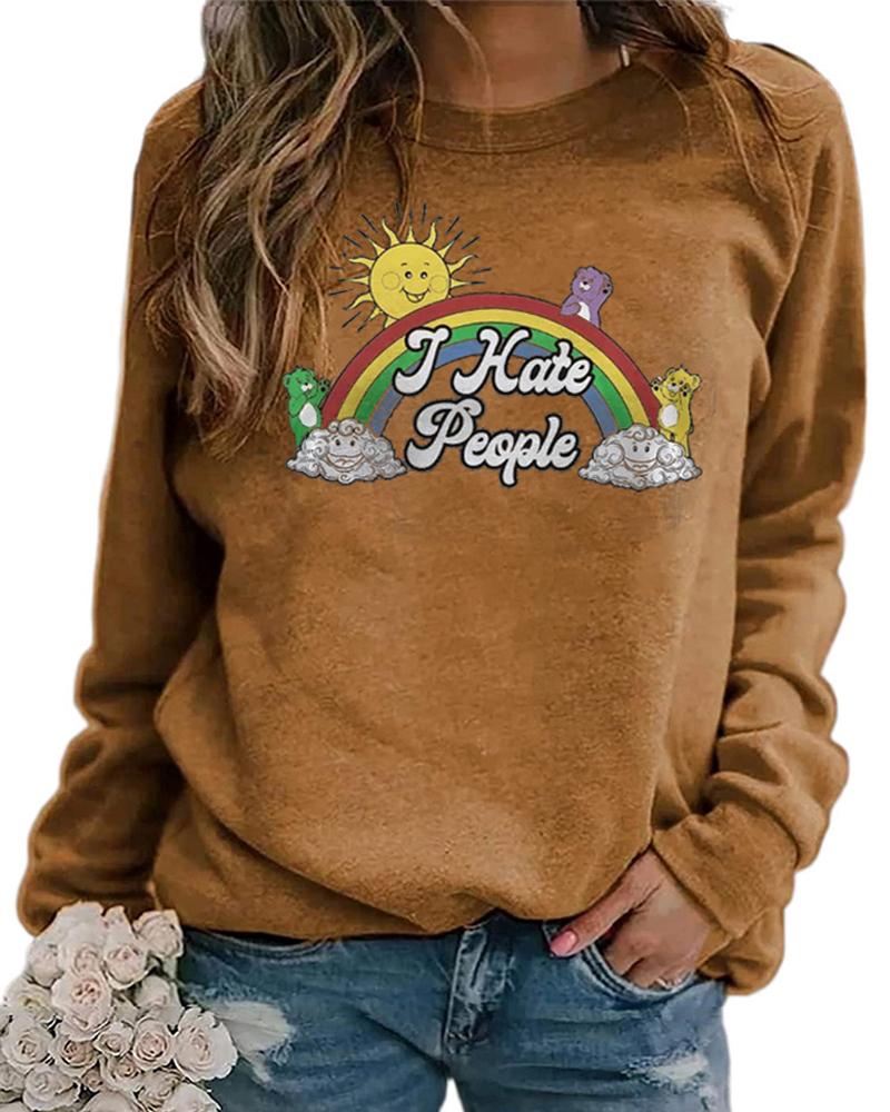 

Letter Rainbow Print Long Sleeve Sweatshirt, Khaki