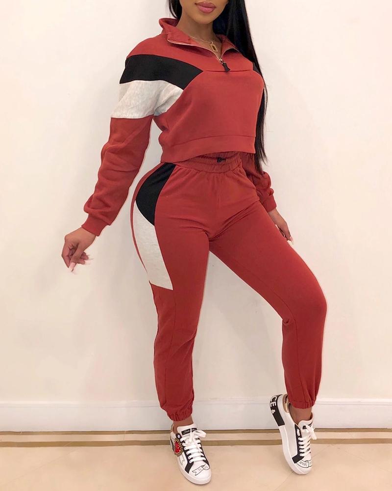 

Colorblock Zip Top & Drawstring Pants Set, Red