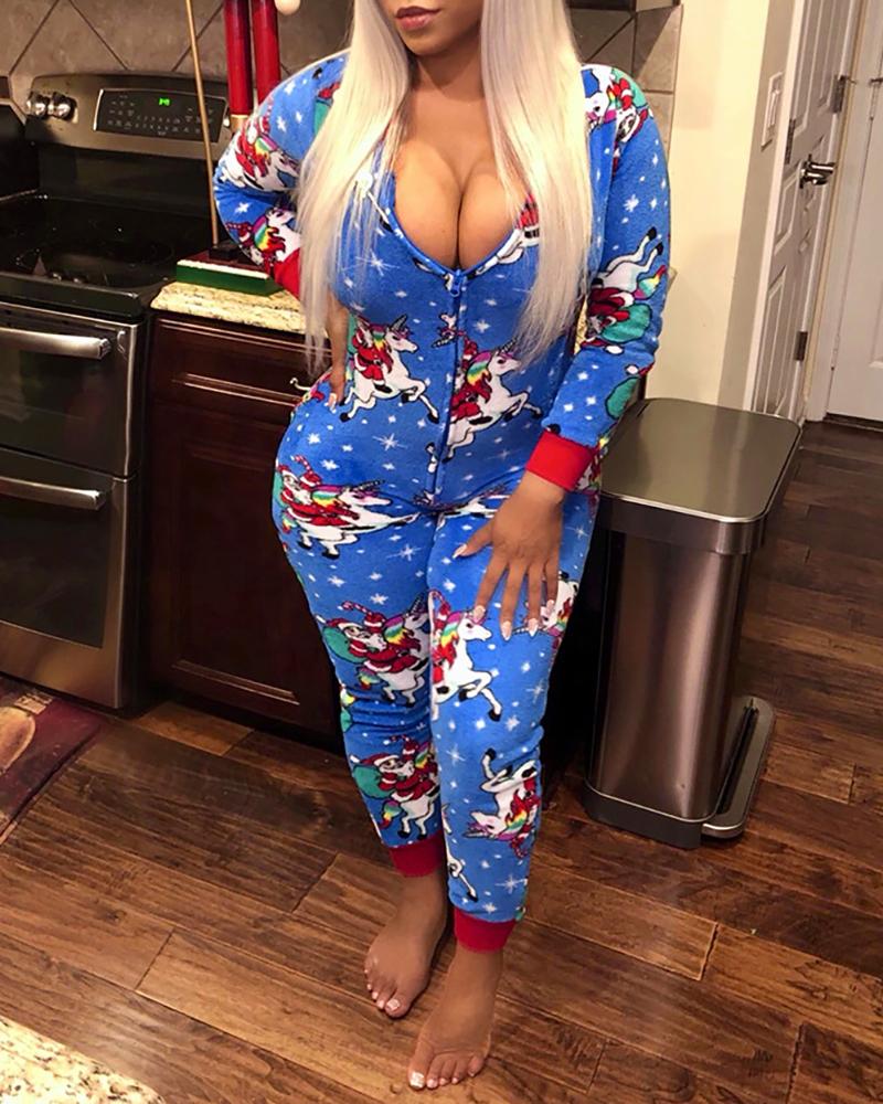

Christmas Mixed Print Long Sleeve Hooded Jumpsuit, Blue