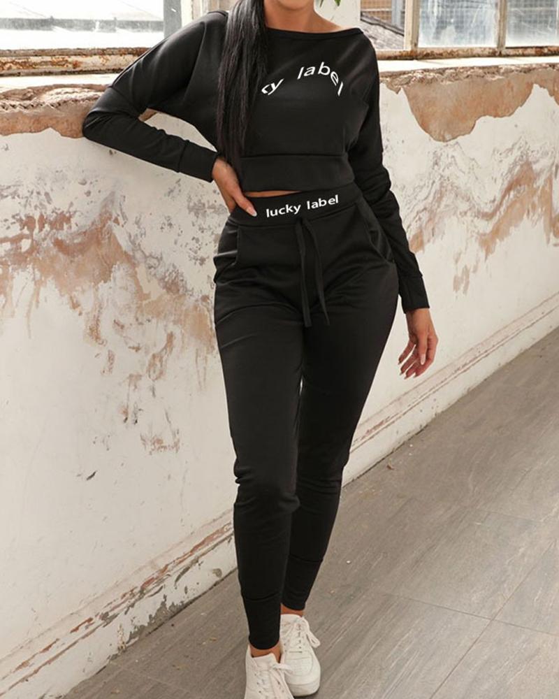 

Letter Print Long Sleeve Suit Sets, Black